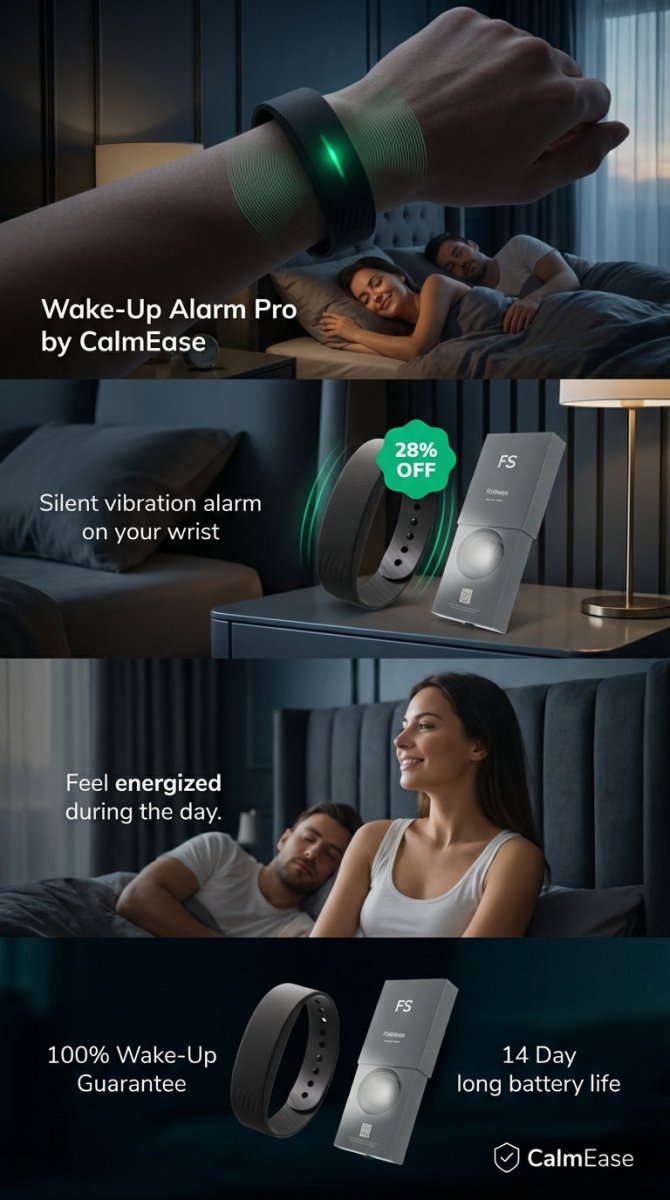 Alarme de despertar CalmEase Wake‑Up Alarm Pro com interface digital e luz suave, apresentado em fundo branco.