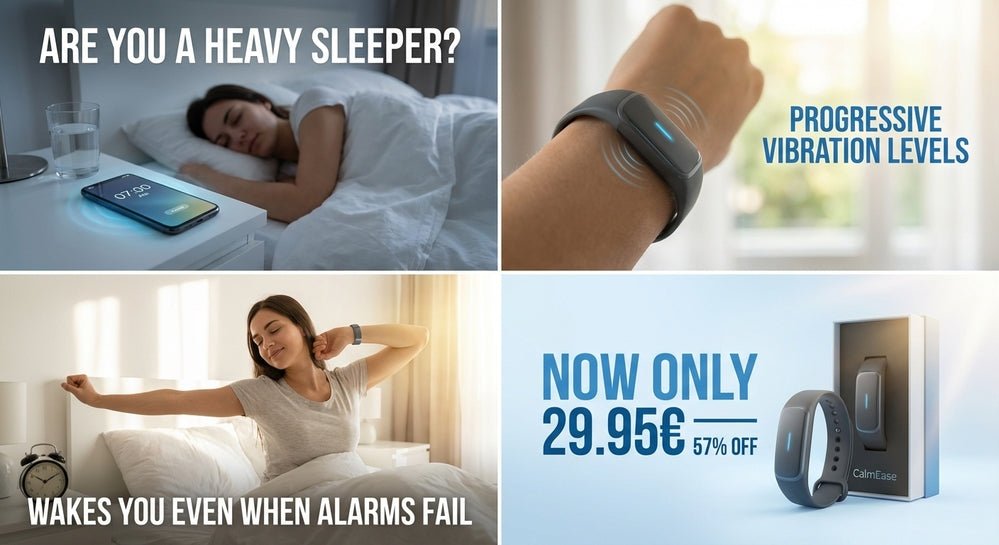 Alarme de despertar CalmEase Wake‑Up Alarm Pro com visor digital e botão de ajuste, em cor branca e design moderno.