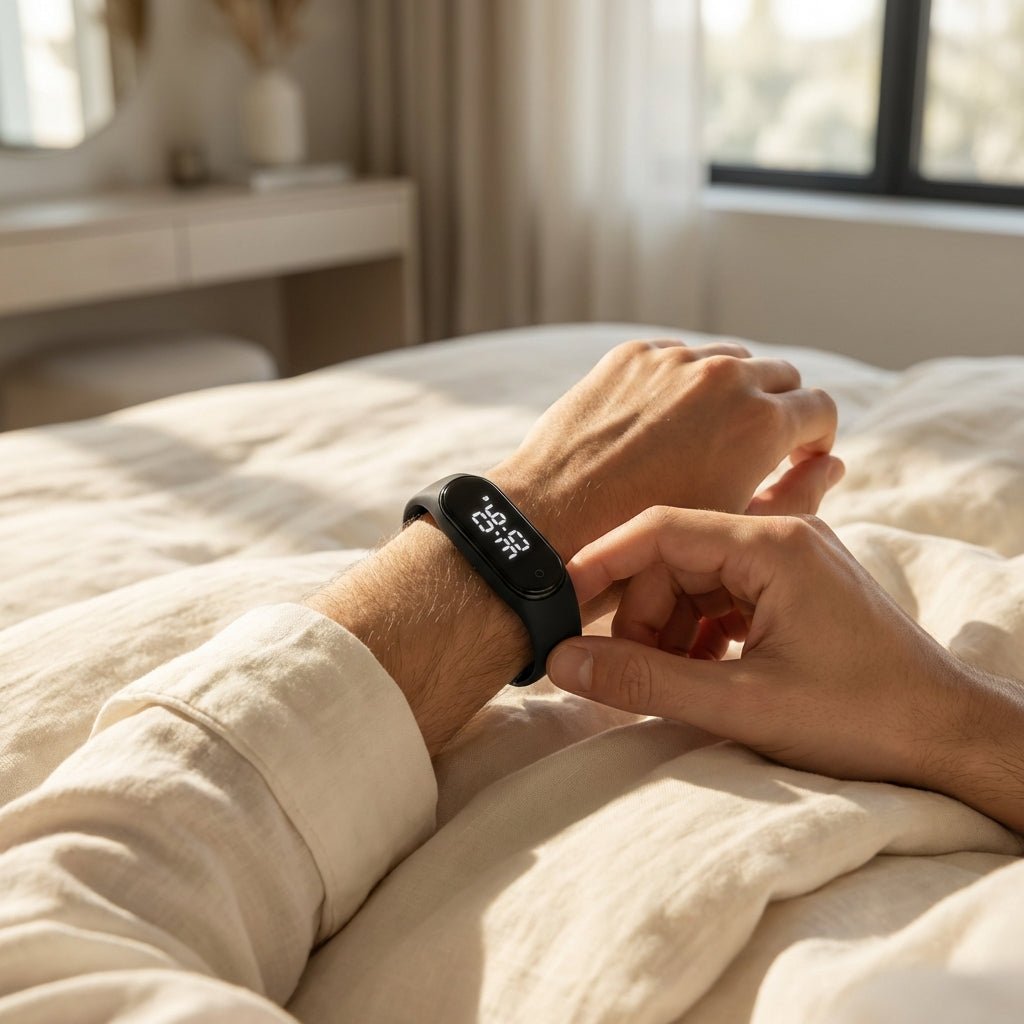 Relógio despertador CalmEase Wake‑Up Alarm Pro com tela digital e botões, em cor branca com detalhes cinzentos.